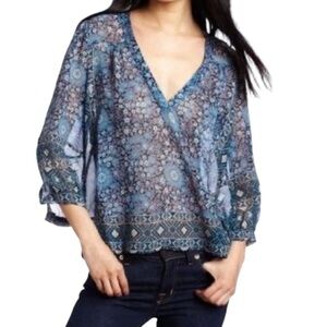 Joie Frazier Floral 100% Silk Blue Peasant Blouse Size XS